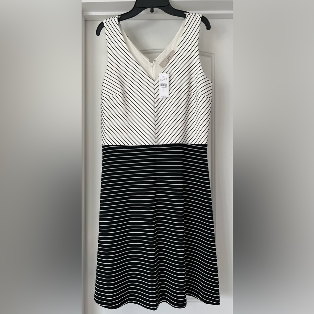 LOFT | Black & Off-White Mixed Stripe Flare Dress